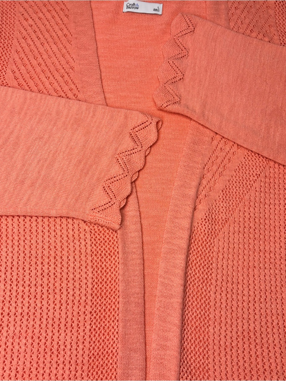 croft & barrow Coral Open-Front Knit Cardigan with Scalloped Cuffs Sz L NWOT